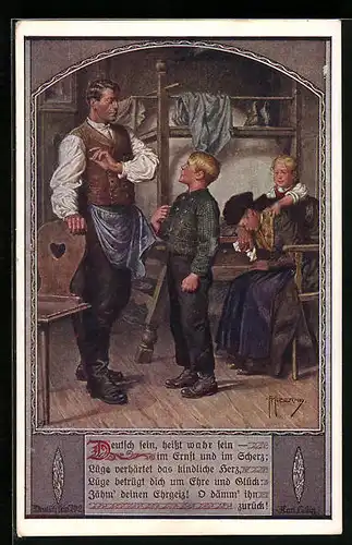 Künstler-AK Franz Kuderna: Deutscher Schulverein Nr. 802: Deusch sein heisst wahr sein..., Junge vor seinem Vater