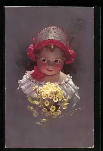 Künstler-AK Ludwig Knoefel: Kleines Kind mit gelben Blumen