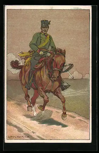 Künstler-AK Ludwig Koch: Soldat in Uniform zu Pferde, Weihnachts- und Neujahrsgruss