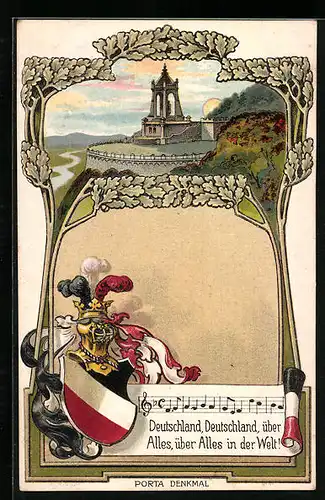 Passepartout-Lithographie Porta Westfalica, Denkmal, Wappen mit Ritterhelm