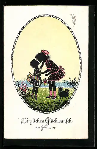 Künstler-AK Friedrich Kaskeline: Schattenbild, Mädchen küsst Geburtstagskind, Geburtstagsgruss