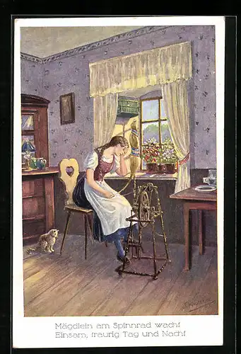 Künstler-AK Friedrich Kaskeline: Junge Frau am Spinnrad