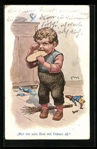 Künstler-AK Carl Moos: Weinender Junge isst ein Brot