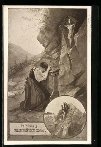 Künstler-AK Max Kuglmayr: Betende Frau vor einem Flurkreuz, Soldat am Felsen