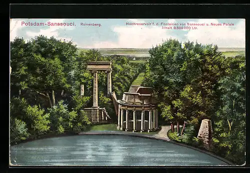 AK Potsdam-Sanssouci, Ruinenberg und Hochreservoir f. d. Fontainen von Sanssouci und Neues Palais