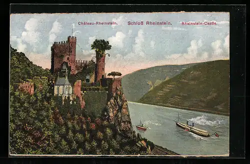 AK Schloss Rheinstein mit Kirche und Dampfer