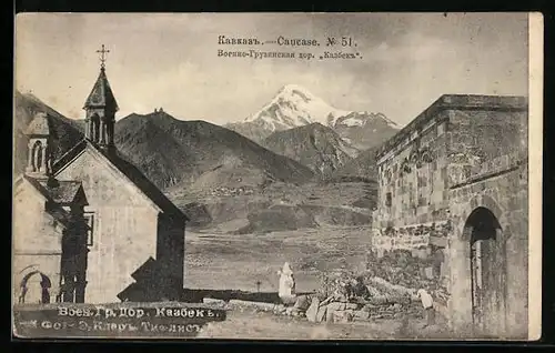 AK Kasbek, Kirche im Ort, Bergpanorama