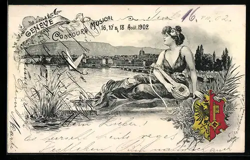 Lithographie Geneve, Concours Musical 1902, Panorama, Wappen und Dame mit Laute