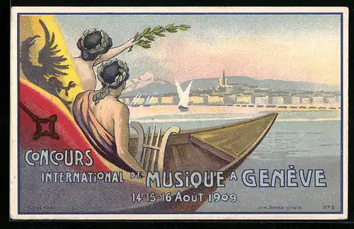 Künstler-AK Genève, Concours Internationale de Musique 1909, Teilansicht und Sänger im Boot