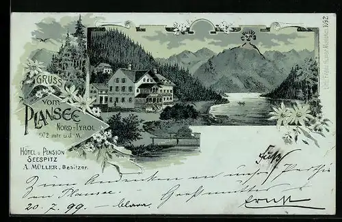 Mondschein-Lithographie Plansee, Hotel und Pension Seespitz