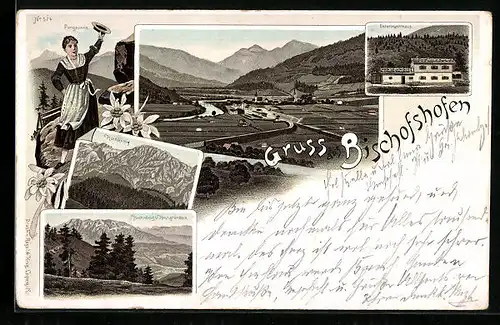 Lithographie Bischofshofen, Ortsansicht mit Pongauerin und Hochkönig