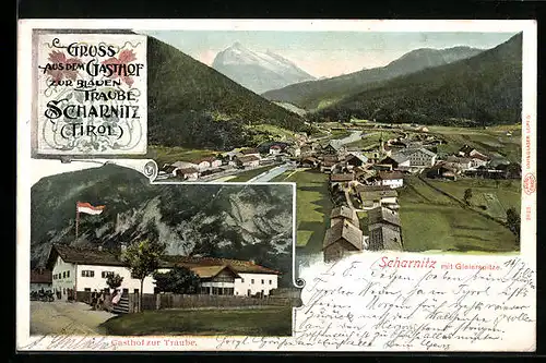 AK Scharnitz, Gasthof zur Traube, Ortsansicht mit Gleierspitze