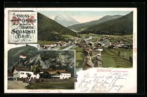 AK Scharnitz, Gasthof zur Traube, Ortsansicht mit Gleierspitze