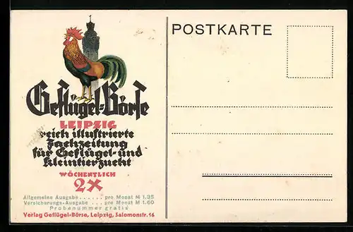 AK Leipzig, Zeitung Geflügel-Börse, 2x wöchentlich, Salomonstrasse 16, Gockel