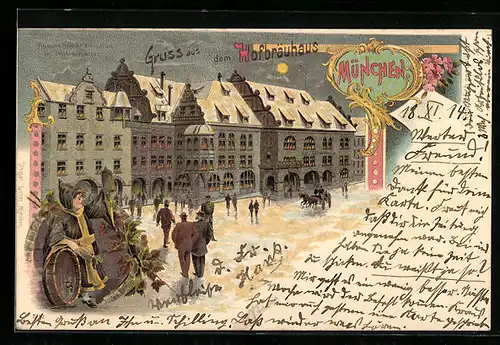 Lithographie Münchner Hofbräuhaus im Schnee mit Münchner Kindl