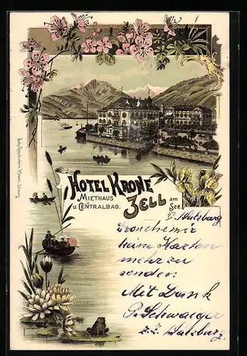 Lithographie Zell, Hotel Krone, Miethaus und Centralbad