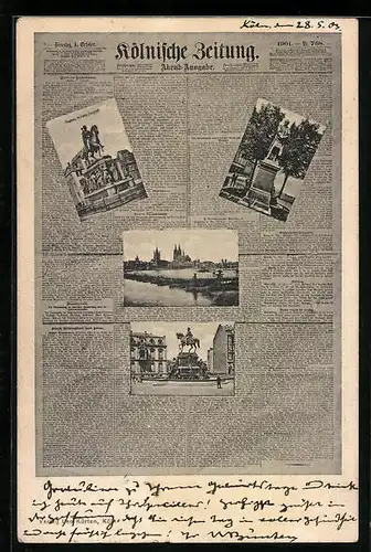 Zeitung-AK Köln, Friedrich-Wilhelm-Denkmal, Abend-Ausgabe der Kölnischen Zeitung