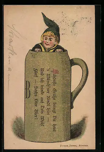 Vorläufer-Lithographie Münchner Kindl lugt aus einem Bierkrug heraus, 1895