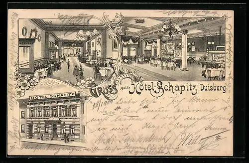 Lithographie Duisburg, Hotel Schapitz, Aussenansicht, Innenansichten mit Gästen