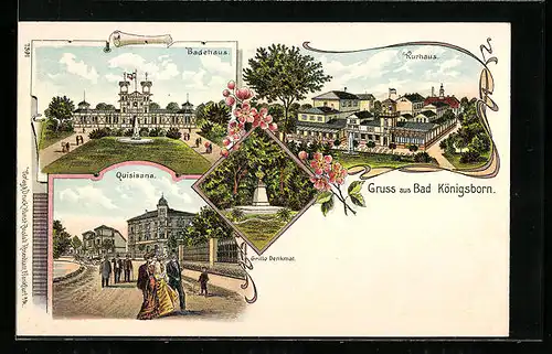 Lithographie Bad Königsborn, Badehaus, Kurhaus, Quisisana