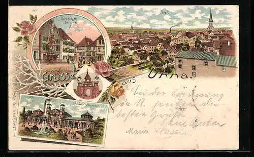 Lithographie Unna, Totalansicht, Marktplatz mit Denkmal, Wappen