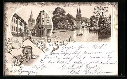 Lithographie Soest i. W., Teichpartie mit Wiesenkirche, Rathausstrasse mit Dom