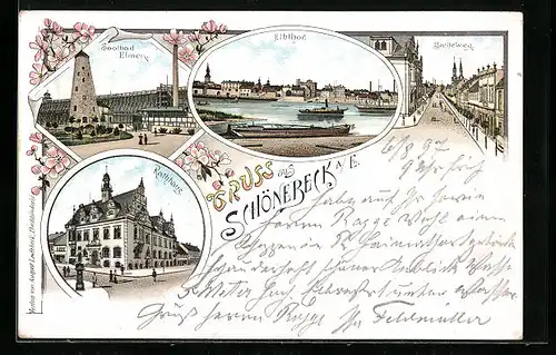 Lithographie Schönebeck a. E., Elbthor, Breiteweg, Soolbad Elmen