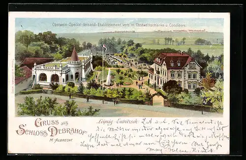 Künstler-AK Leipzig-Eutritzsch, Gaststätte und Obstweinschänke Schloss Debrahof M. Albrecht aus der Vogelschau