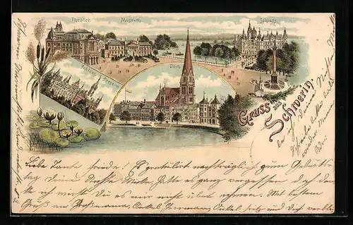 Lithographie Schwerin, Panorama mit Theater und Schloss, Dom