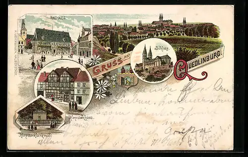 Lithographie Quedlinburg, Panorama, Rathaus, Klopstockhaus