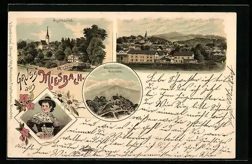 Lithographie Miesbach, Ortsansicht, Agatharied, Tracht, Wendelstein-Kirchlein