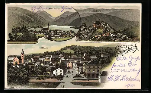 Lithographie Miesbach, Ortsansicht, Wendelstein, Schliersee