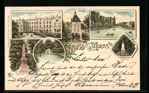 Lithographie Moers /Rh., Lehrer Seminar, Schloss, Stadtgraben