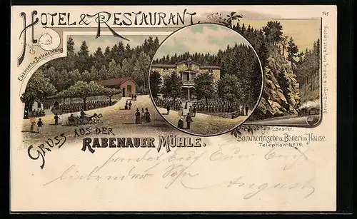 Lithographie Rabenau, Hotel-Restaurant Rabenauer Mühle mit Garten, Bastei