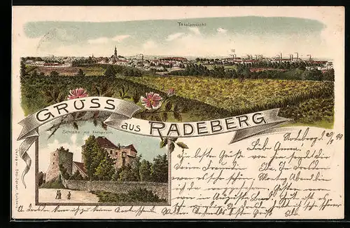 Lithographie Radeberg, Ortspanorama, Schloss / Amtsgericht