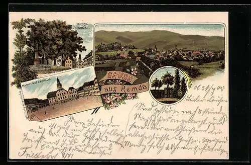 Lithographie Remda, Gesamtansicht, Markt mit Rathaus