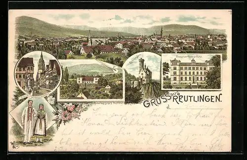 Vorläufer-Lithographie Reutlingen, 1894, Panorama, Pomologisches Institut, Frauenarbeitsschule, Trachten
