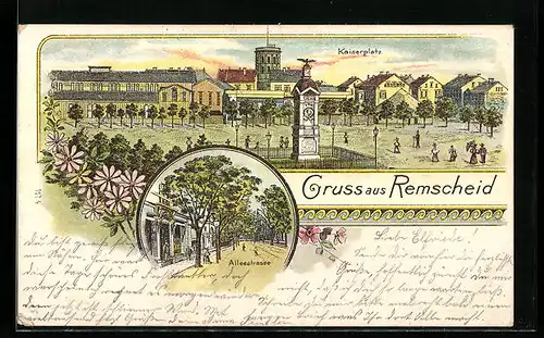 Lithographie Remscheid, Panorama mit Kaiserplatz, Alleestrasse