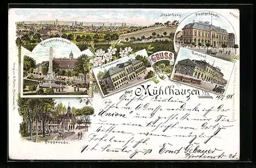 Lithographie Mühlhausen /Th., Ortsansicht mit Stadtberg, Bahnhof, Gymnasium