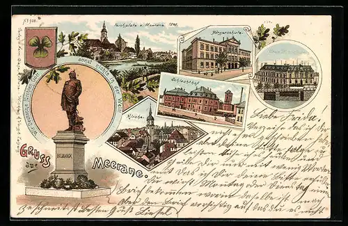 Lithographie Meerane, Bürgerschule, Schlachthof, Bismarckdenkmal, Teilansicht mit Kirche