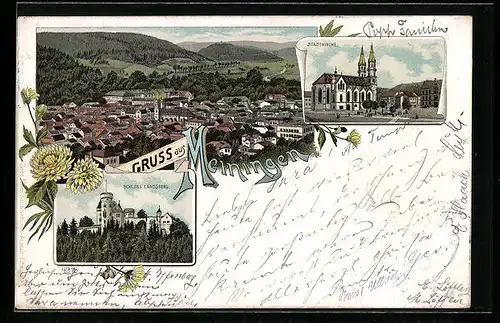 Lithographie Meiningen, Ortsansicht aus der Vogelschau, Stadtkirche