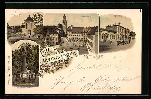 Lithographie Memmingen, Marktplatz, Bahnhof, Krugsthor