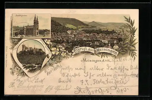 Lithographie Meiningen, Ortsansicht aus der Vogelschau, Stadtkirche, Schloss Landsberg