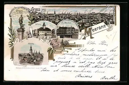 Lithographie Meerane, Panorama, Kirche, Neue Webschule