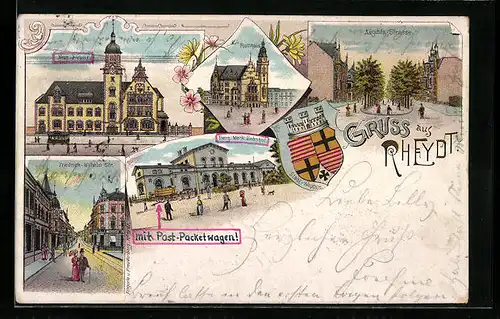 Lithographie Rheydt, Neue Post, Augusta-Strasse, Berg.-Merk. Bahnhof, Wappen