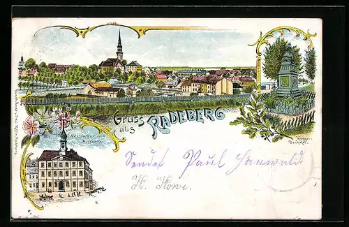 Lithographie Radeberg, Ortspanorama, Restaurant zum Ratskeller