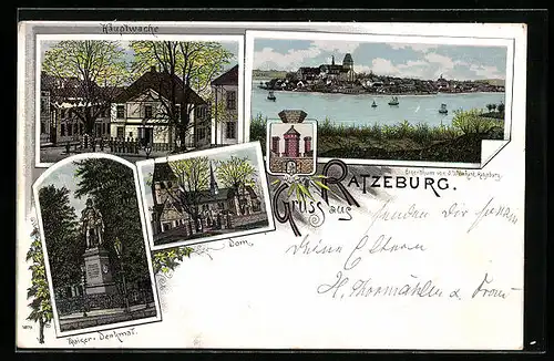 Lithographie Ratzeburg, Gesamtansicht, Wappen, Hauptwache, Dom