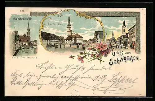 Lithographie Schwabach, Untere Reichsstrasse, Partie auf der Fleischbrücke