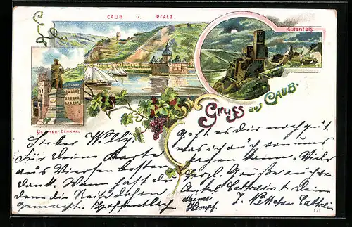 Lithographie Caub, Ortsansicht mit Pfalz, Blücher-Denkmal