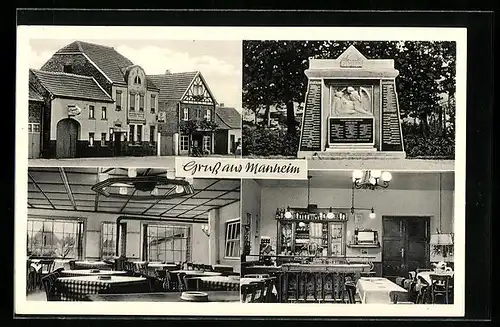 AK Mannheim, Kriegerdenkmal, Gaststätte Karl Krauss, Aussen- und Innenansicht